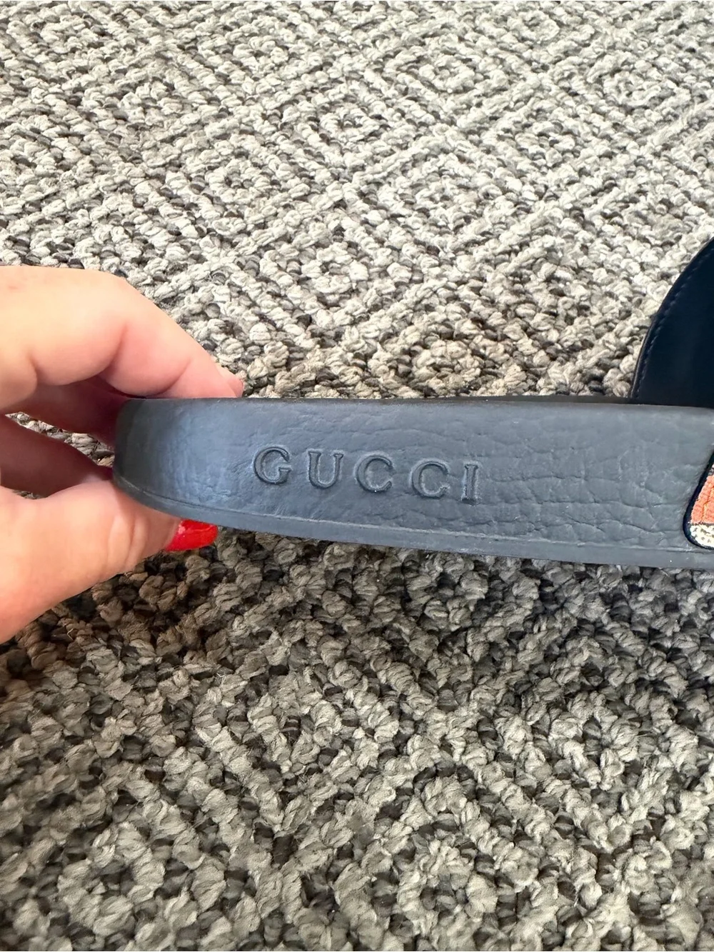 Gucci Strawberry Print Slide Sandals in Black and Red